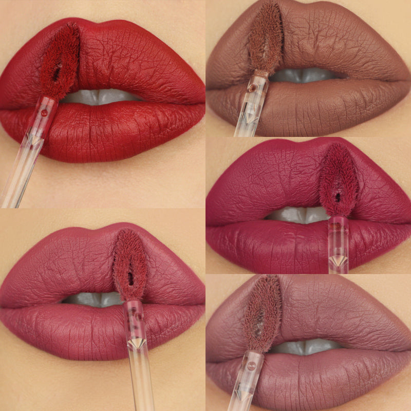 5 closeups of lips in pink red nude liquid lipstick colors